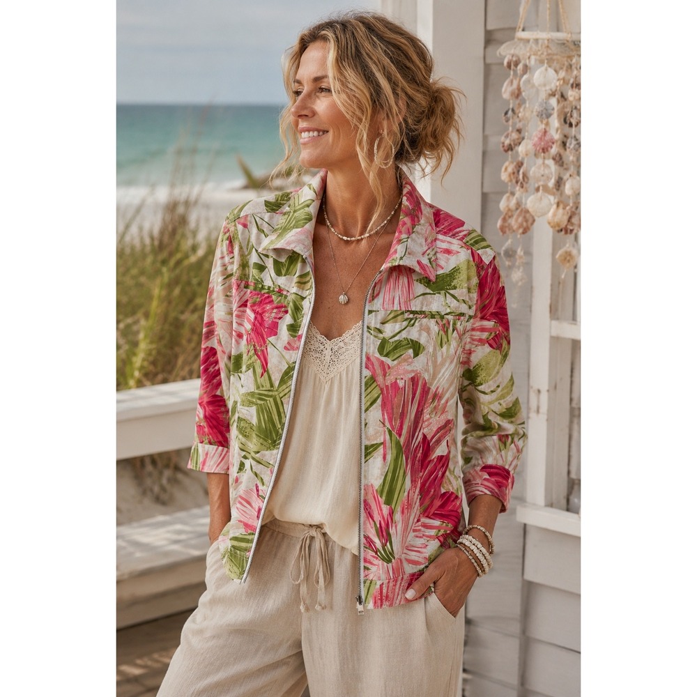 Chico's Tropical Floral Jacket Pink Green Botanical Print Coastal Resort Wear 2